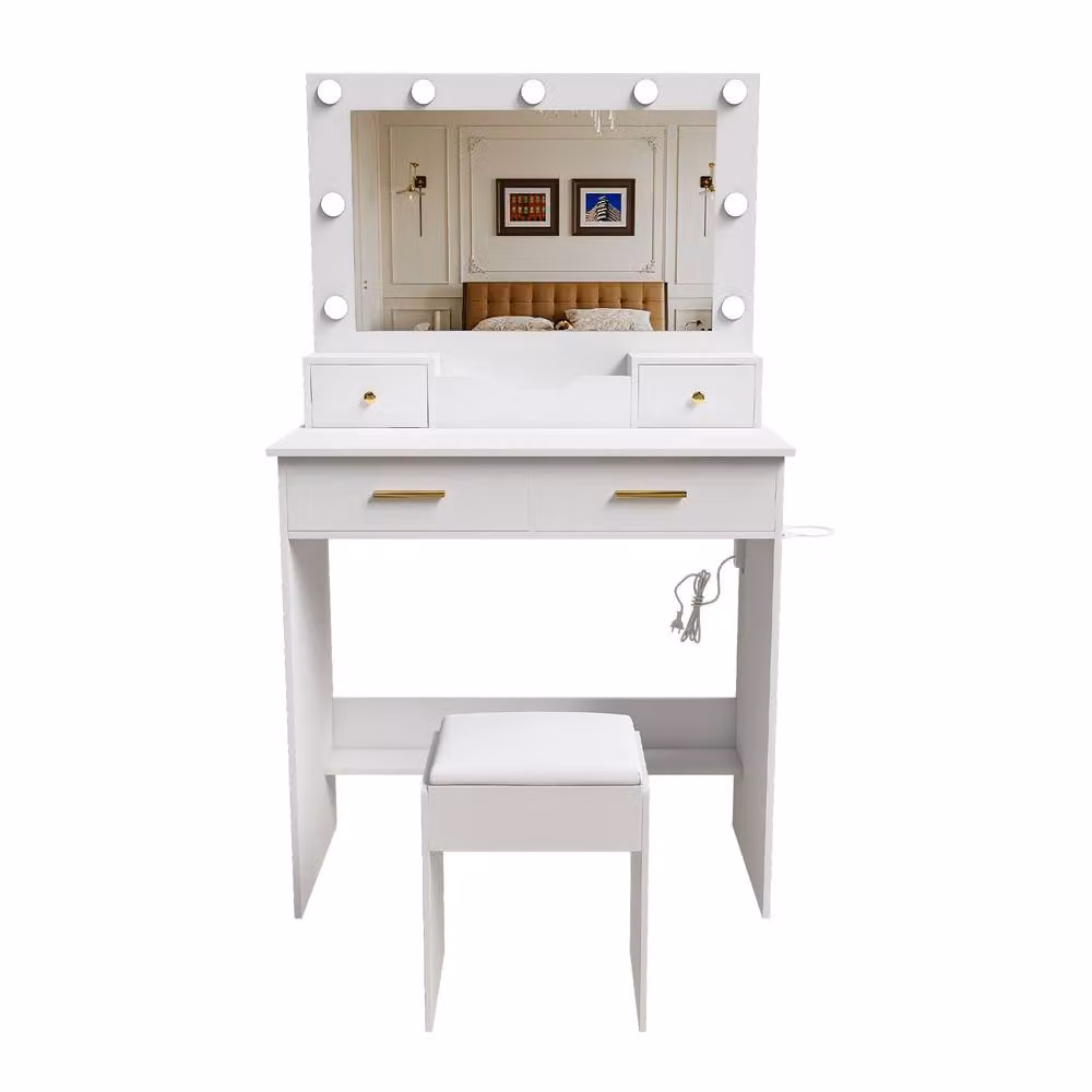 AKI HAUS Modern White 4-Drawer Dressing Table with Nine-Bulb LED Mirror and Stool – 2