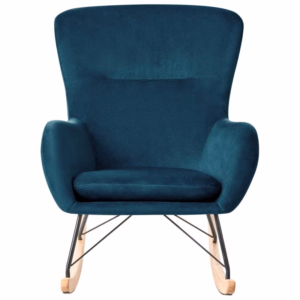 Wyld and Coco Blue Velvet Shell Rocking Chair with Armrests and Mixed Metal and Wood Legs – 3