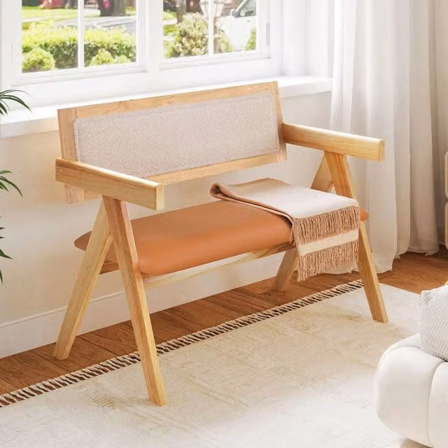KORVIXA Rubberwood Dining Bench with Armrests in Brown and Multicolour – 1