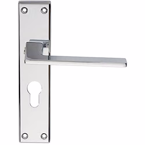 Loops Flat Straight Lever on Euro Lock Backplate Door Handle in Polished Chrome, W: 180 mm, H: 40 mm