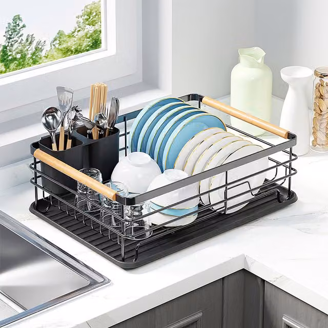 Livingandhome Black Coated Steel and Wood Rectangular Drip Tray for Dish Drainers