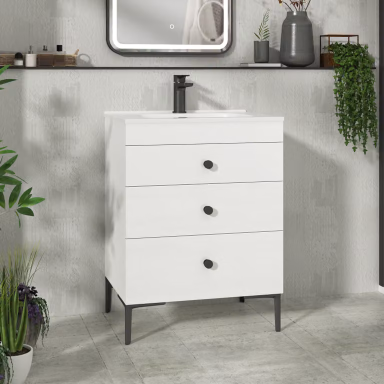 Royal Bathrooms Verona 600mm Gloss White Floor Standing 3 Drawer Vanity Unit with Ceramic Basin and Matt Black Knob
