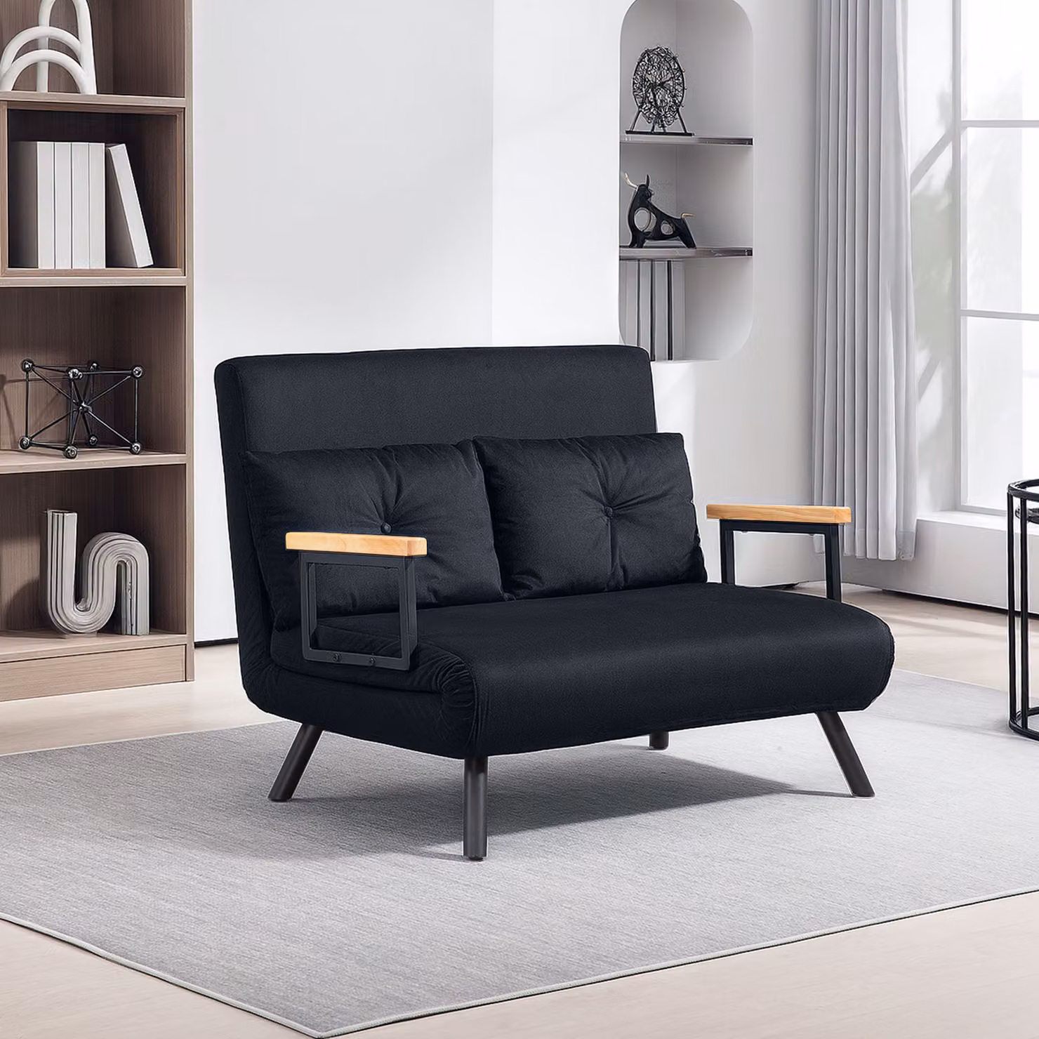 HOMCOM Convertible Double Sofa Bed in Black Velvet Fabric with Wooden Armrests and 2 Pillows, 140 x 200 cm – 2