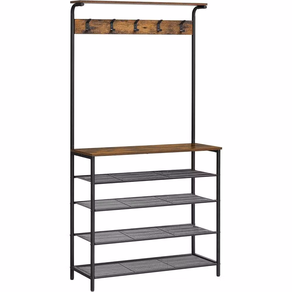 The Bazaarist Industrial Hall Tree with Bench and Shoe Rack in Brown and Black – 2