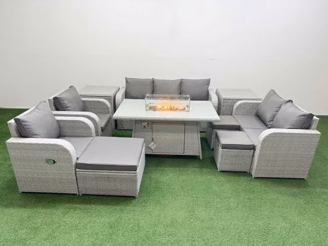 Fimous Grey PE Rattan Garden Furniture Set with Reclining Chairs, Double Love Seat, Firepit Dining Table, 3 Stools and 2 Side Tables