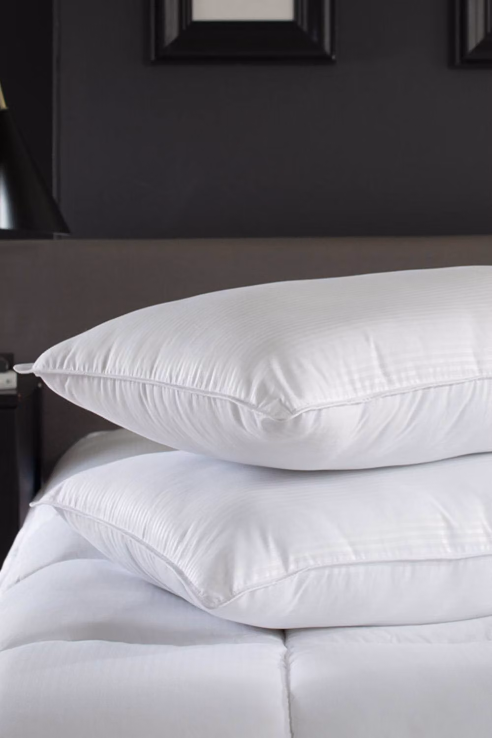 The Lyndon Company Premium Hotel Pillow Pair in White with Microfibre Satin Stripe Cover, Soft to Medium Support – 2
