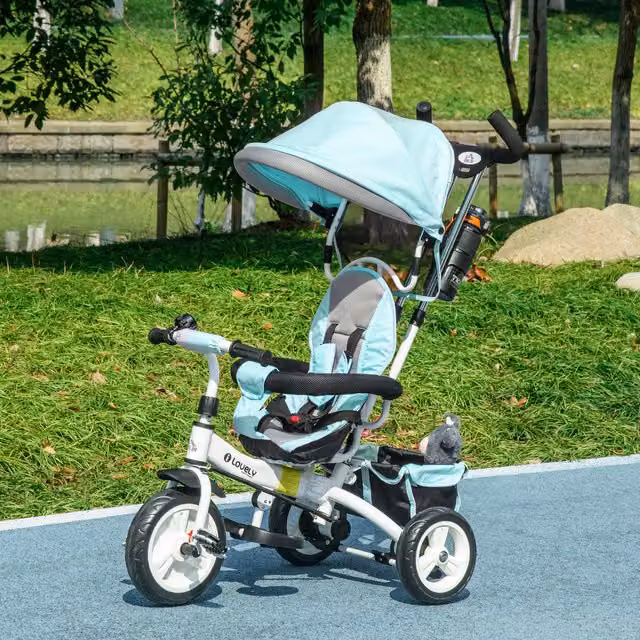 HOMCOM 6-in-1 Toddler Tricycle with Canopy and Parent Push Handle, Green