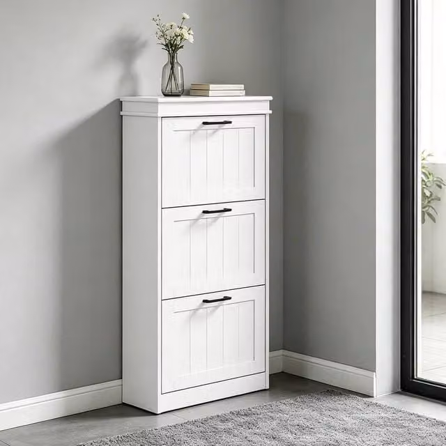 ERGOVEXA White Slim Shoe Storage Cabinet with 3 Tilting Compartments, Holds Up to 15 Pairs – 1