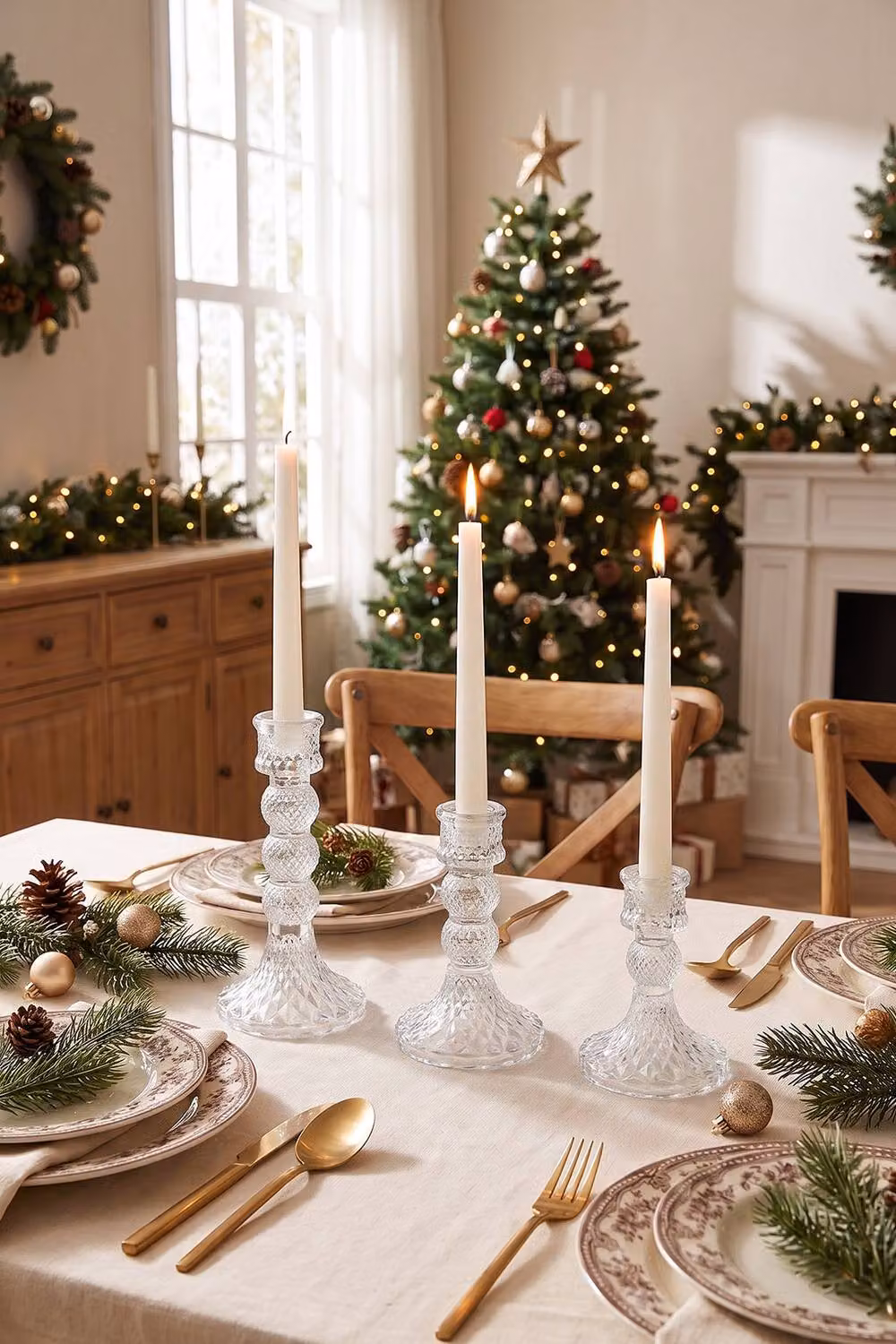 Living and Home 3 Pack Glass Diamond Pattern Taper Candlestick Holders in Clear – 3