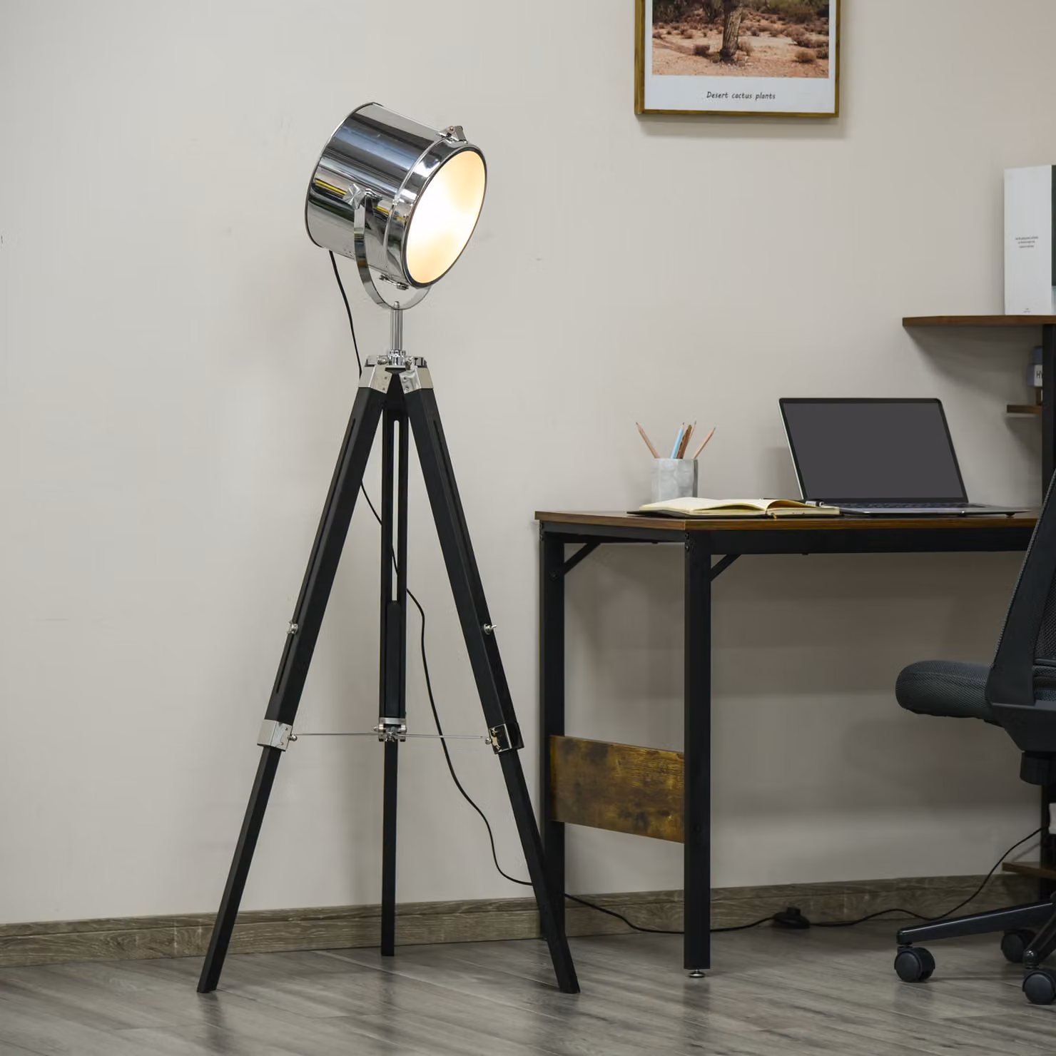 HOMCOM Industrial Style Adjustable Tripod Floor Lamp with Wooden Legs and Black Steel Lampshade – 2