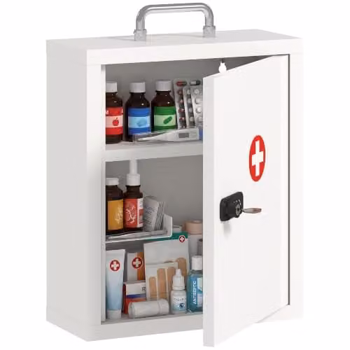 HOMCOM Wall Mounted White Metal Medicine Cabinet with Combination and Key Lock, W/D/H: 32 x 14 x 38 cm – 1