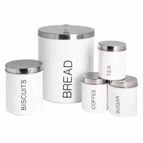 Harbour Housewares 5 Piece Metal Kitchen Canister Set in White with Airtight Lids