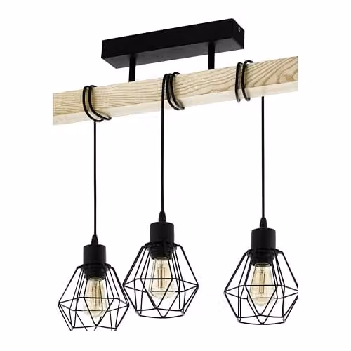Eglo Townshend Industrial 3-Light Suspended Bar Pendant Light in Brown and Black Wood and Metal