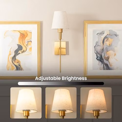 ValueLights Set of 2 Rechargeable LED Wall Lights with Fabric Shade and Remote Control, Dimmable Touch Control, Antique Brass – 2