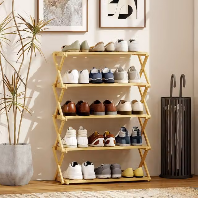 HOMCOM 5-Tier Folding Bamboo Shoe Rack in Brown Wood Finish