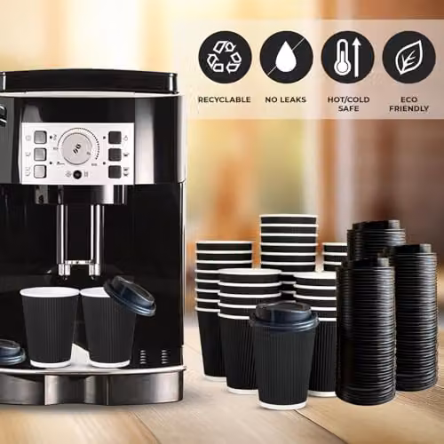 ECONX 500 Pack Disposable Triple Walled Paper Ripple Coffee Cups with Lids, 12oz, Black – 6