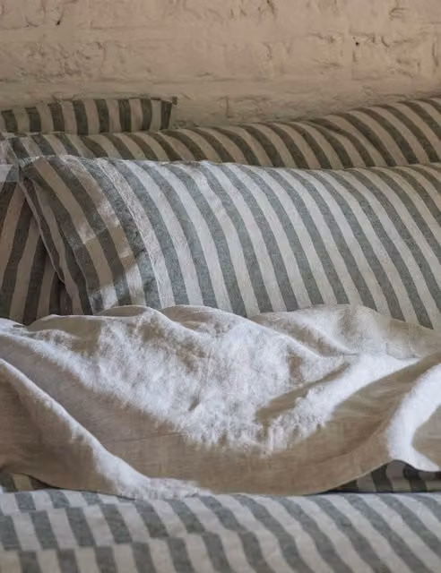 Piglet In Bed 2 Pack Pembroke Linen Rich Striped Pillowcases in Green Mix