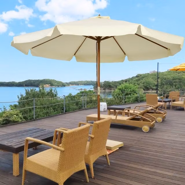 Outsunny Ruffled Garden Parasol Umbrella with 8 Ribs and Bamboo Wood Frame in Beige