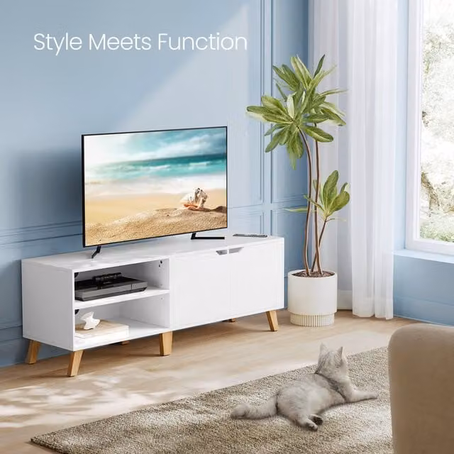 VASAGLE White and Brown TV Cabinet with 2 Doors and Adjustable Shelves, 140 cm