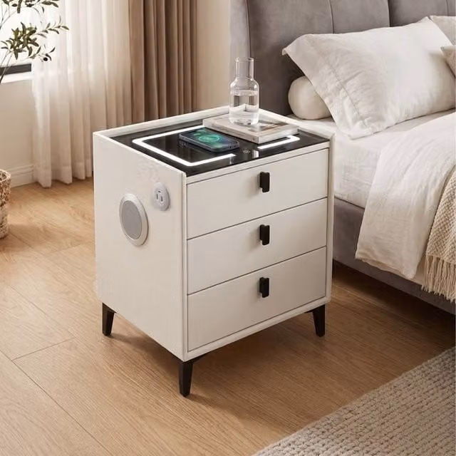 Sliding Wardrobes 4U Multifunctional White Bedside Table with Integrated LED Lighting, Charging Ports and Bluetooth Speaker