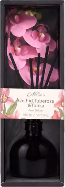 True Aroma Orchid Tuberose and Tonka Reed Diffuser in Black Glass