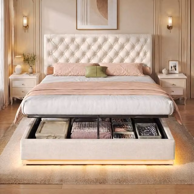 STILVORA Double Ottoman Bed in Beige Velvet with LED Under-Bed Lighting and Lift-Up Storage Base