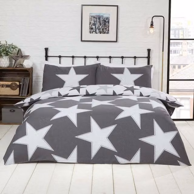 Rapport Reversible Stars Grey Duvet Cover and Pillowcase Set, W: 180 cm, H: 200 cm