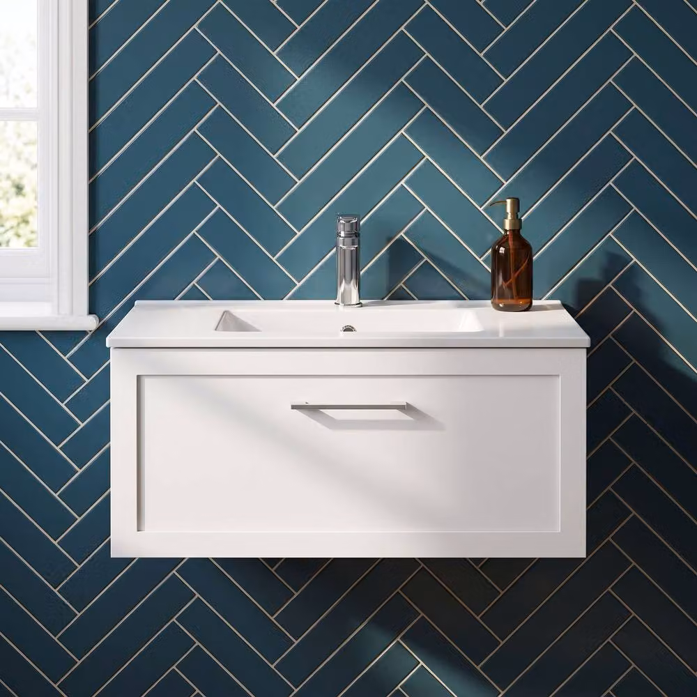 Balterley Stonnall Wall Mounted 1 Drawer Vanity with Ceramic Basin, Matt White, Width: 80 cm – 3