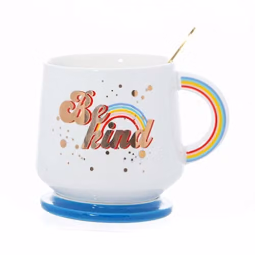 Boxer Gifts Be Kind Rainbow Themed Mug Set with Lid in Multicolour, Gold and White – 1