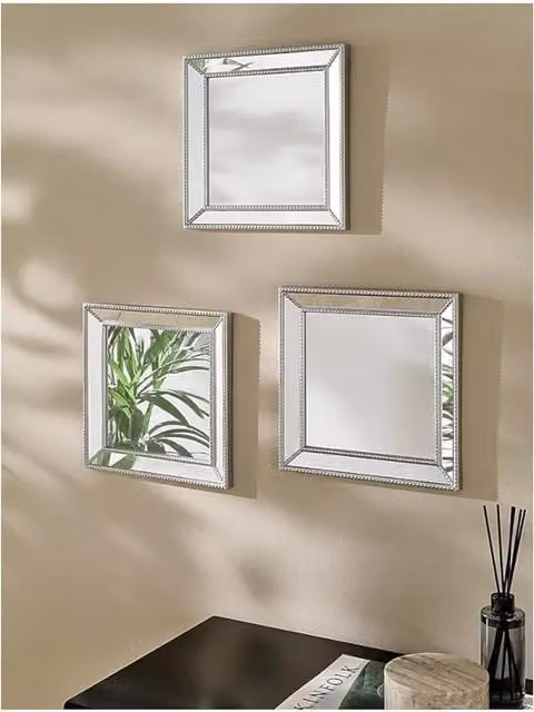 DEENZ Set of 3 Square Beaded Wall Mirrors in Silver