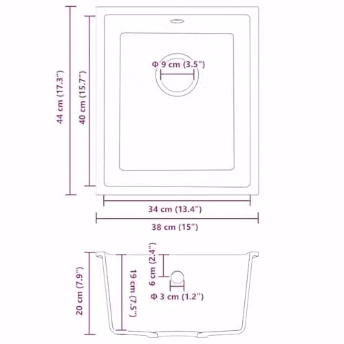 vidaXL Granite Composite Kitchen Sink, Grey, W: 38 cm, D: 44 cm, H: 20 cm – 3
