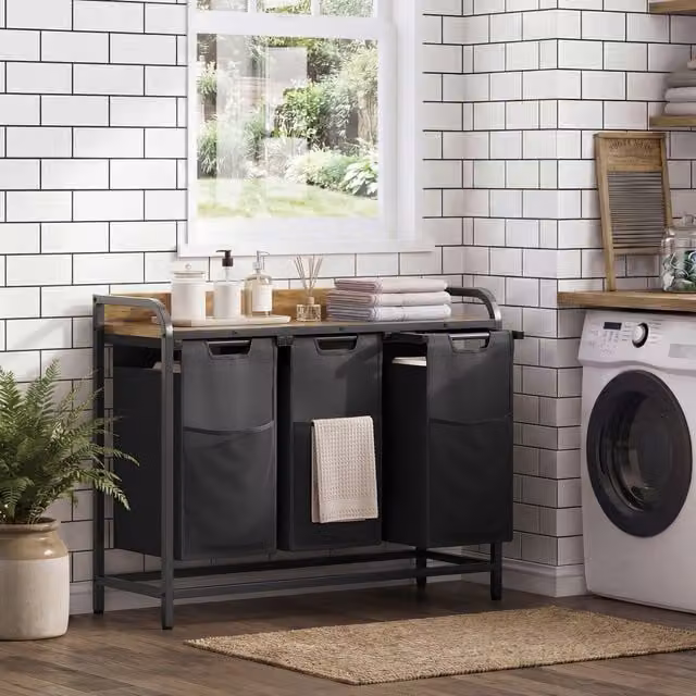 Yaheetech Pull-Out Laundry Basket with Shelf and Removable Bag in Brown or Black, W/D/H: 69 x 87 x 120 cm
