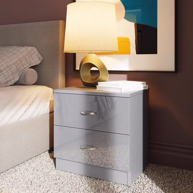 FWStyle Chilton 2 Drawer Bedside Table Grey Gloss H 46 x W 45 x D 40 cm – 1