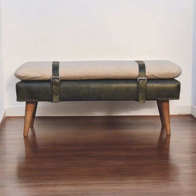Artisan Furniture Mid-Century Solid Wood Bench in Olive Green Bouclé and Brown Buffalo Leather