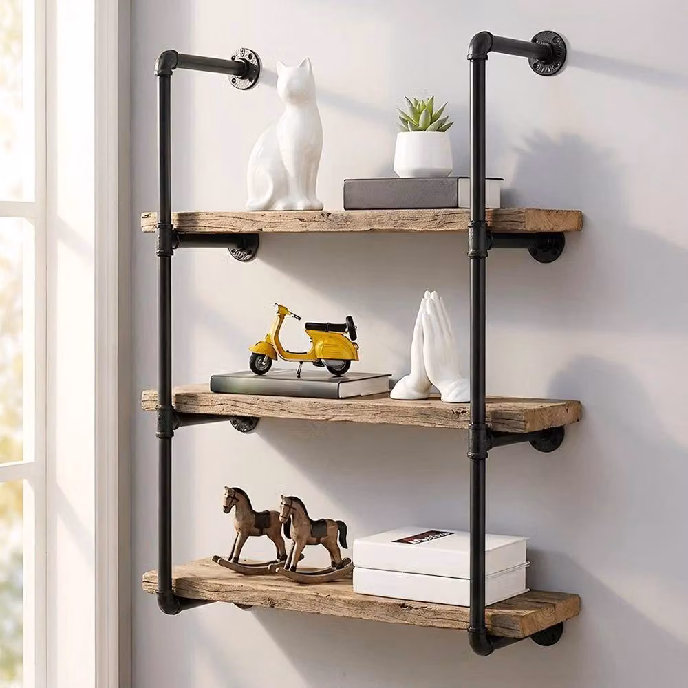 KORVIXA 3-Tier Industrial Pipe Floating Wall Shelf Metal Storage Rack in Matt Black, W/H: 100 x 100 cm – 2