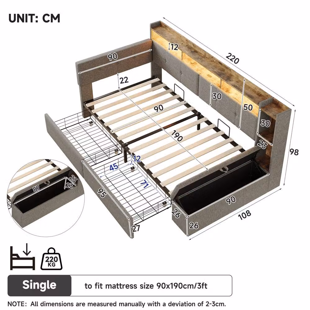 ModernLuxe Single Daybed in Grey with LED Under-Bed Lighting, USB Charging Port and Ottoman Storage Bench, W/D/H: 200 x 100 x 108 cm – 6