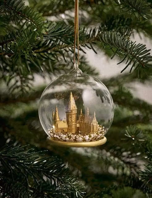 M&S Harry Potter Hogwarts Gold Glass Christmas Hanging Decoration