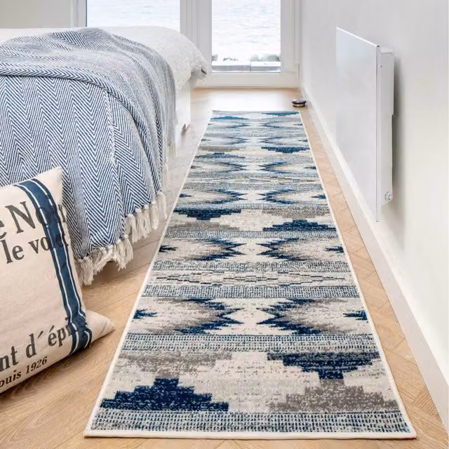 The Rug House Tribal Geometric Boho Rectangular Living Area Rug in Blue and Grey, W: 240 cm, D: 60 cm