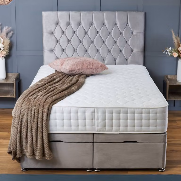 BSSPOKE Mia Ottoman Divan Bed with 54 inch Headboard and Mattress in Pink Plush Velvet, W/D/H: 200 x 137.16 x 3 cm