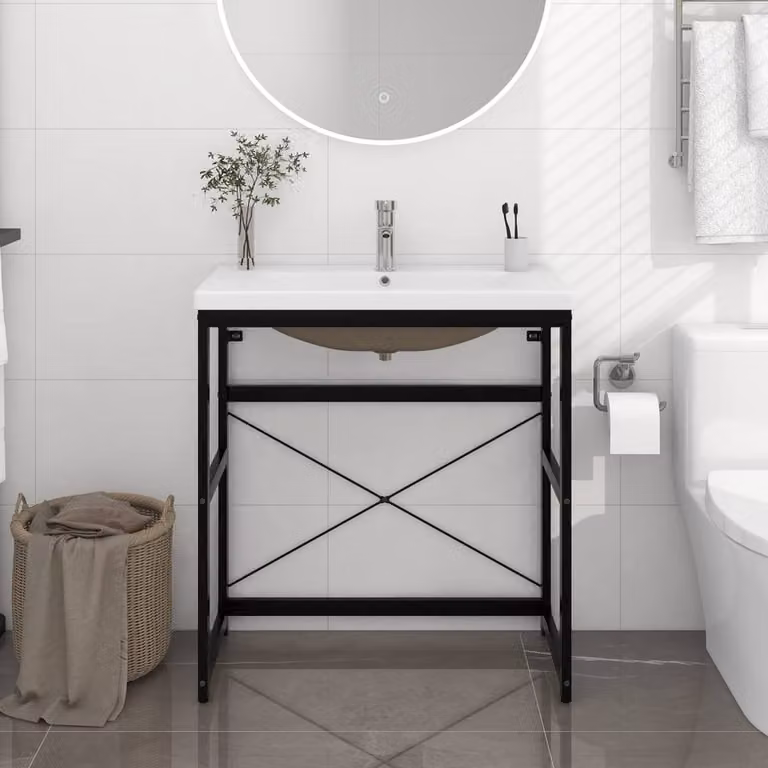 Berkfield Home Elegant Industrial Bathroom Washbasin Frame with Built-in Basin in Matt Black Iron