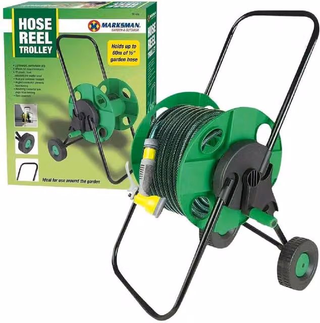BARGAINS-GALORE Portable Green Garden Hose Reel with Trolley Wheels and Manual Winder – 1