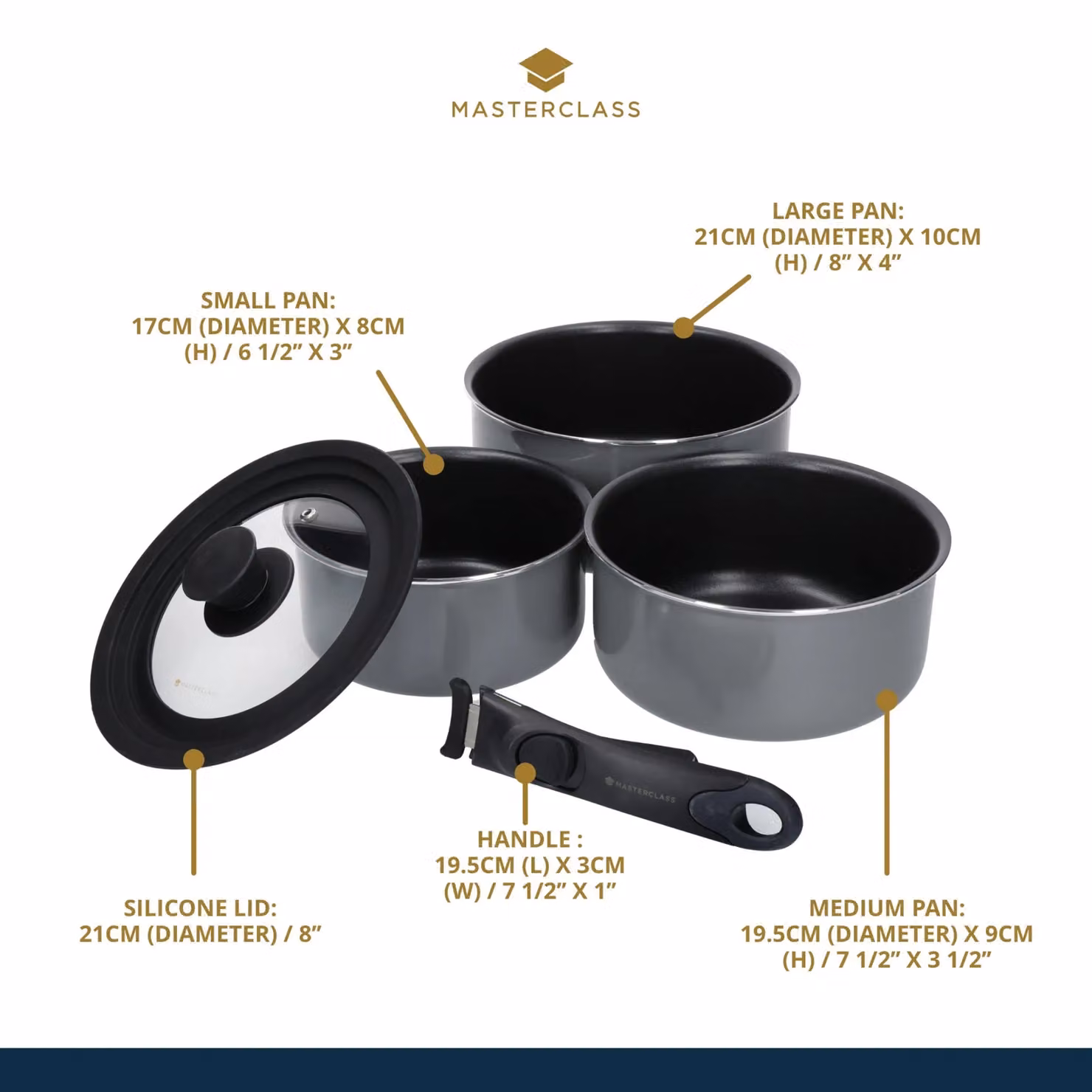 MasterClass Smart Space Set of Three Stacking Induction-Safe Non-Stick Aluminium Pans in Grey or Black – 5