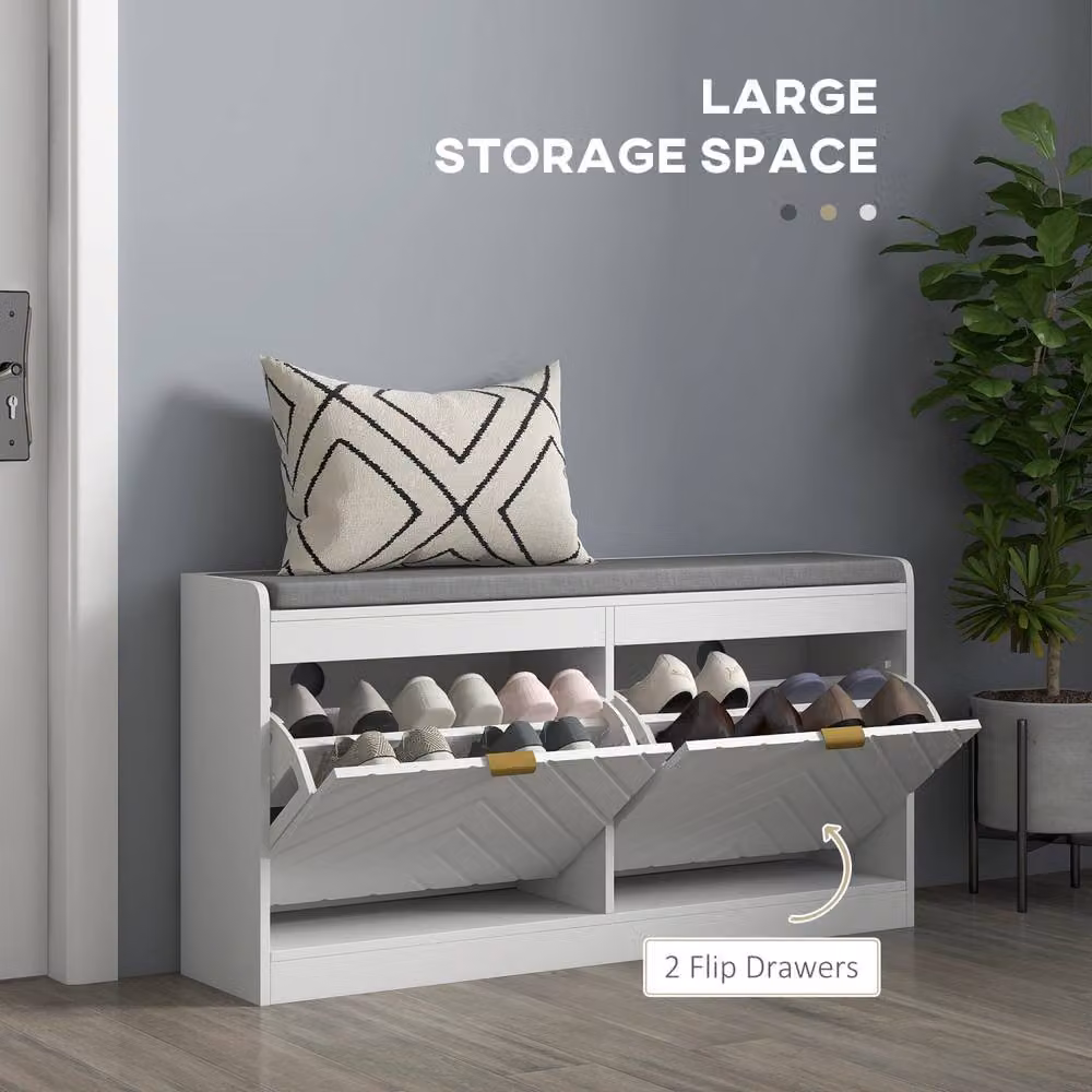Wyld Haus Kera White Shoe Bench with 2 Flip Drawers and Adjustable Shelf – 3