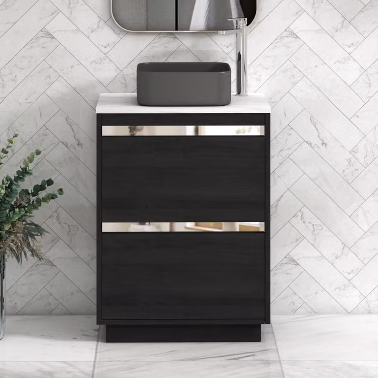 Royal Bathrooms Orion 600mm Hale Black Floor Standing Vanity Unit with Carrara White Countertop, 2 Drawers, Art Square Basin and Chrome Accent Trim