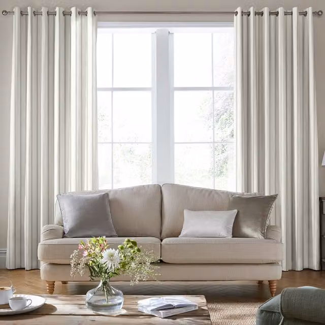 Laura Ashley Farnworth Made To Measure Blackout Eyelet Curtains in Natural Striped Fabric