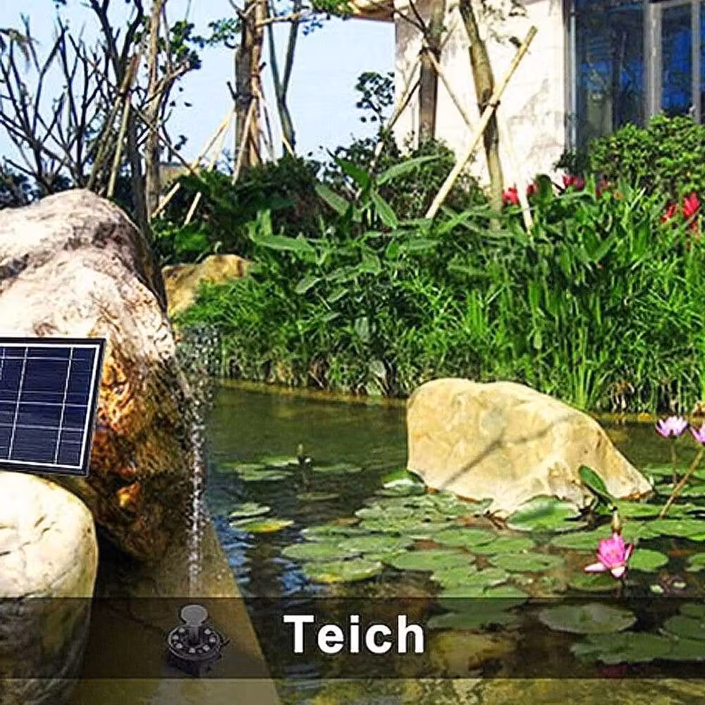 NESTLUNE Solar Fountain Pump with 400L/H Flow Rate, 7W Power, Battery Backup and 8 LED Lights in Black – 6