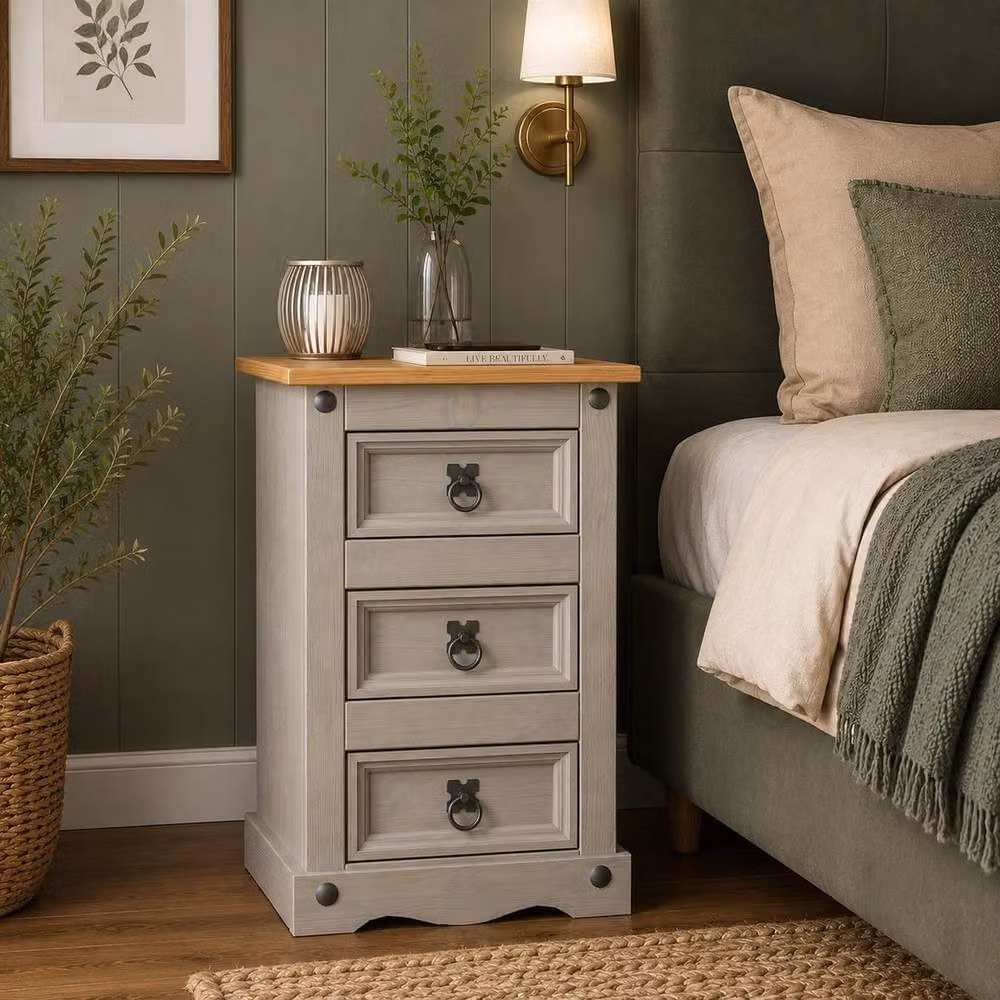 FORGEVIO Grey 3-Drawer Rustic Pine Bedside Cabinet and Nightstand – 3