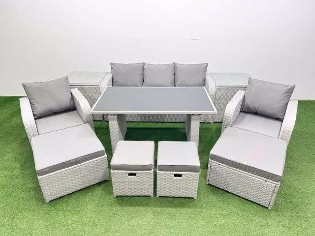 Fimous 9 Seater Rattan Garden Furniture Set with 2 Side Tables in Light Grey