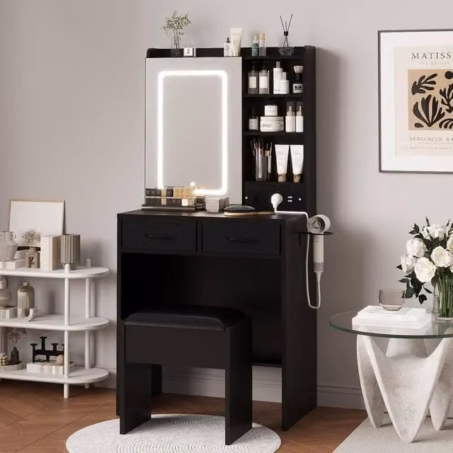 London Boutique Modern Black Dressing Table and Stool Set with LED Hollywood Mirror and Charging Station