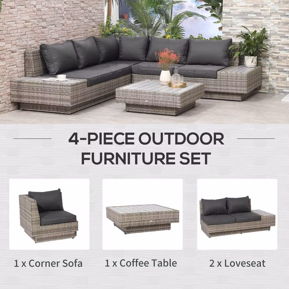 OUTSUNNY 4-Piece Rattan Garden Furniture Sofa Set with Armrest Cushions in Light Grey – 4
